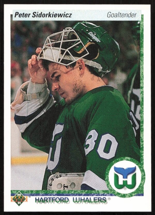 Peter Sidorkiewicz 1990-91 Upper Deck Hockey Card #69, Hartford Whalers Goalie in Action.