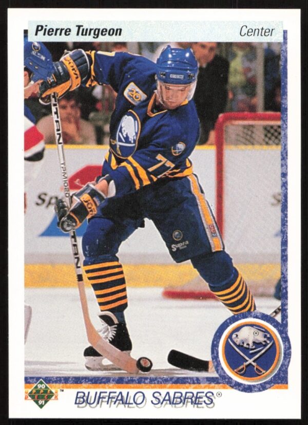 Pierre Turgeon 1990-91 Upper Deck hockey card #43, Buffalo Sabres action shot.