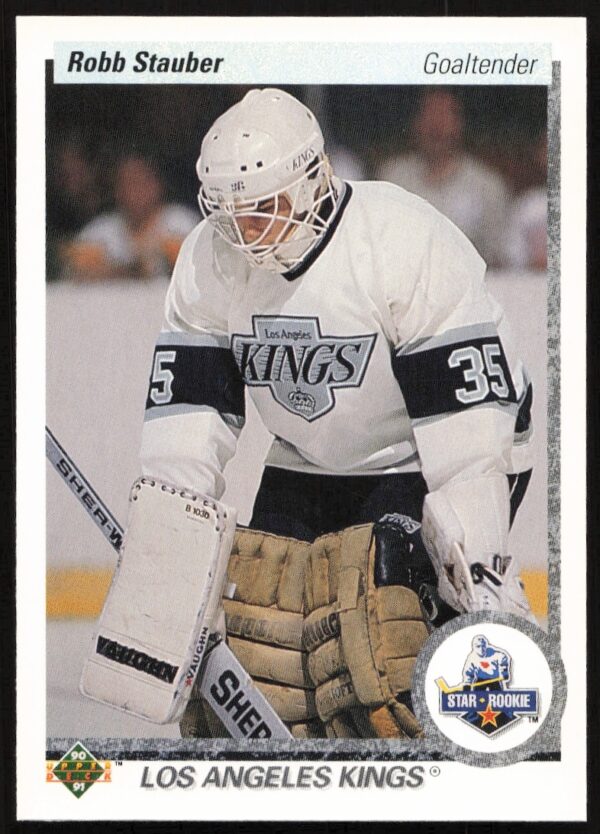 Robb Stauber 1990-91 Upper Deck hockey card #165, featuring his rookie year action.