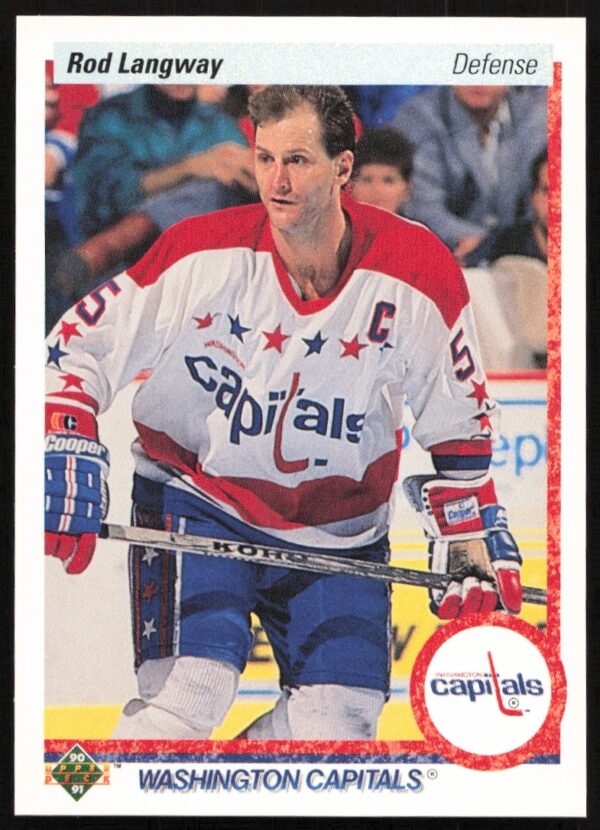 Rod Langway 1990-91 Upper Deck #57 hockey card, showcasing his defensive skills.