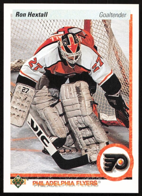 Ron Hextall 1990-91 Upper Deck hockey card showing Flyers goalie in action (#227).