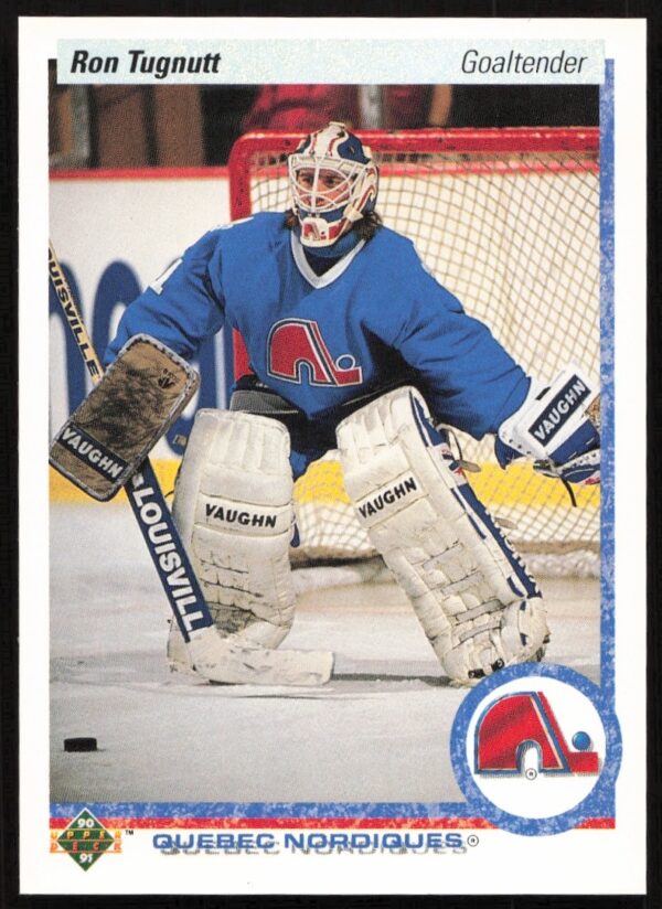 1990-91 Upper Deck Ron Tugnutt card, showcasing game action in goalie gear, #27.