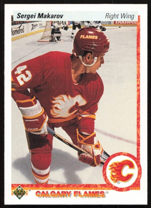 Sergei Makarov 1990-91 Upper Deck hockey card #123, Calgary Flames action shot.