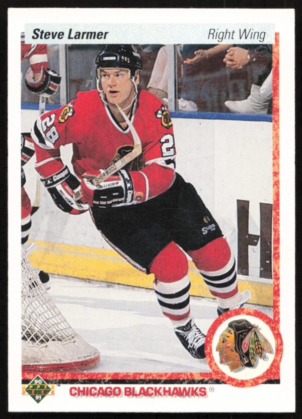 Steve Larmer 1990-91 Upper Deck card #242, Chicago Blackhawks, action shot.