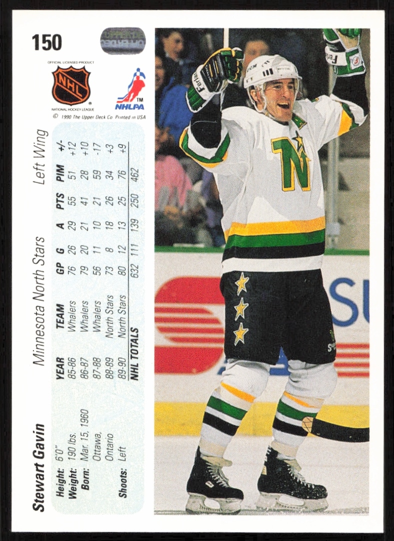 Back of Stewart Gavins 1990-91 Upper Deck hockey card, showing stats and biography.