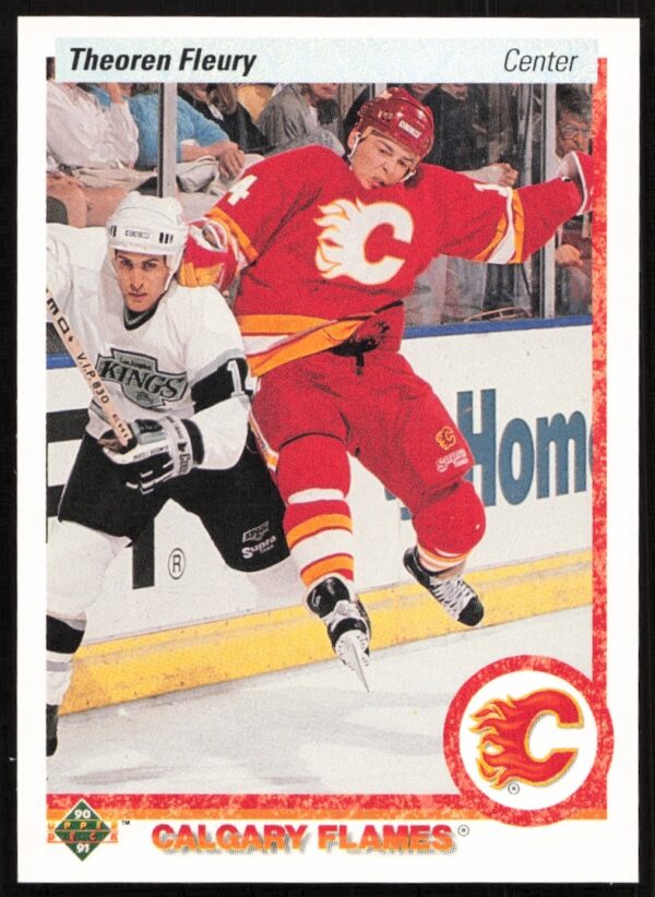 1990-91 Upper Deck Theoren Fleury hockey card #47 featuring Calgary Flames player in action.