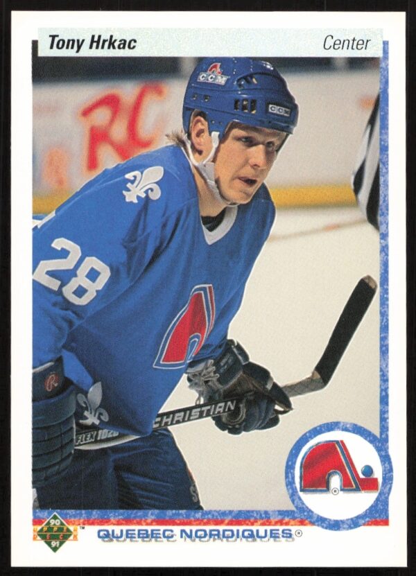 Tony Hrkac 1990-91 Upper Deck hockey card #184, St. Louis Blues, action shot.