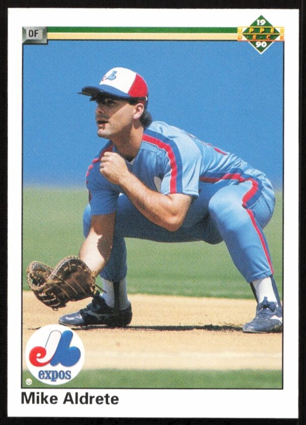 1990 Upper Deck Mike Aldrete Yankees card #415, bat pose, vibrant stadium backdrop.