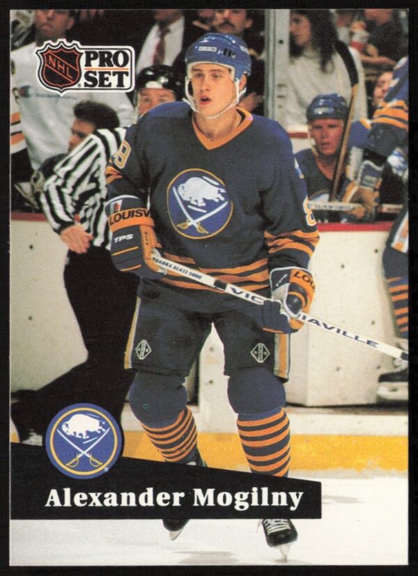 Alexander Mogilny 16, 1991-92 Pro Set NHL card front, action on ice.