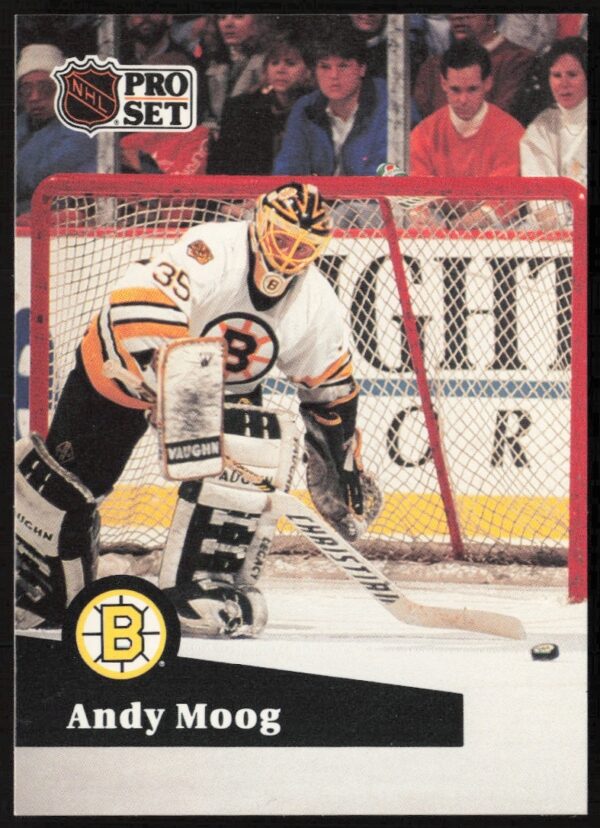 1991-92 NHL Pro Set Andy Moog #10, Boston Bruins goalie in action.