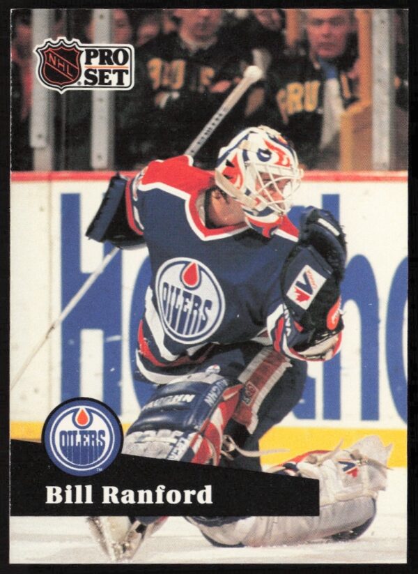 Bill Ranford 1991-92 Pro Set NHL Card #70, Edmonton Oilers goalie in action.