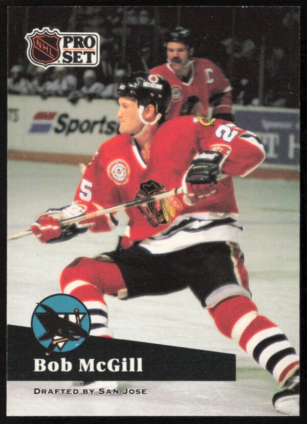 Front view of 1991-92 Pro Set NHL trading card featuring Bob McGill in action.