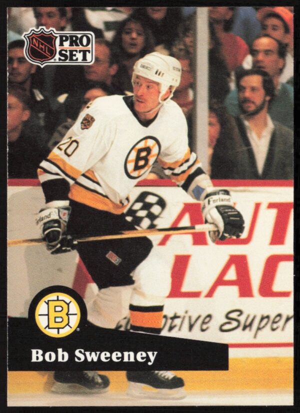 Bob Sweeney 1991-92 Pro Set NHL Card #6, Boston Bruins, dynamic hockey action.