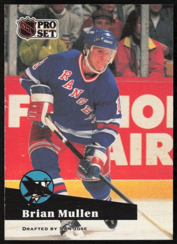 Brian Mullen 1991-92 NHL trading card front, New York Rangers, #165, iconic early 90s hockey.