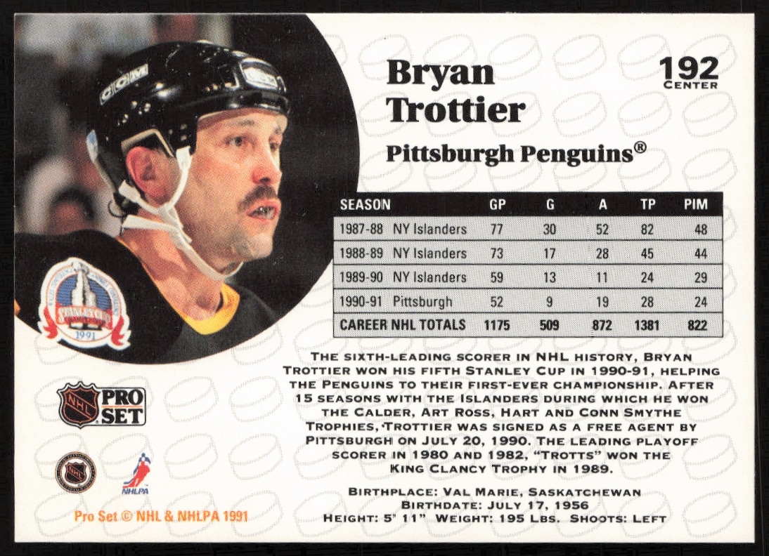 Bryan Trottier 1991-92 NHL Pro Set Card Back with Stats and Biography.