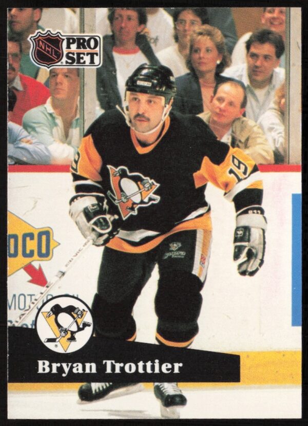 1991-92 Pro Set NHL card featuring Bryan Trottier, Pittsburgh Penguins legend, in action.