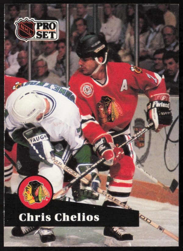 Chris Chelios 1991-92 Pro Set NHL Card #48, Chicago Blackhawks, action shot.
