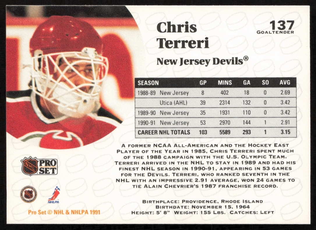 Chris Terreri 1991-92 Pro Set NHL card back, New Jersey Devils goaltender stats and highlights.