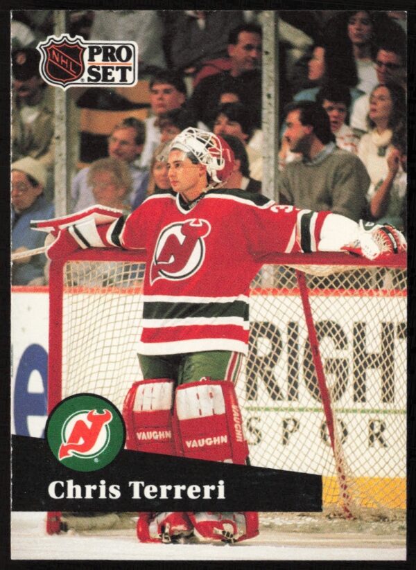 1991-92 Chris Terreri NHL hockey card featuring New Jersey Devils goalie in full gear.