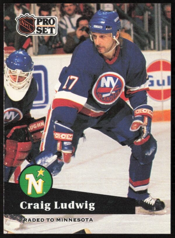 Craig Ludwig 1991-92 NHL Pro Set Card #155, Dallas Stars, in-action shot.