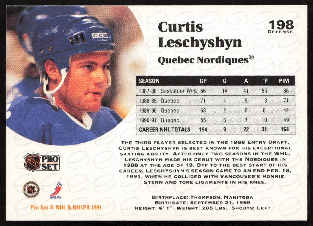 Curtis Leschyshyn 1991-92 Pro Set NHL Card Back, Player Stats, #198.