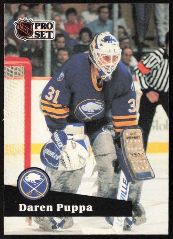 Daren Puppa 1991-92 Pro Set NHL Card #21, in-game action, wearing team jersey.