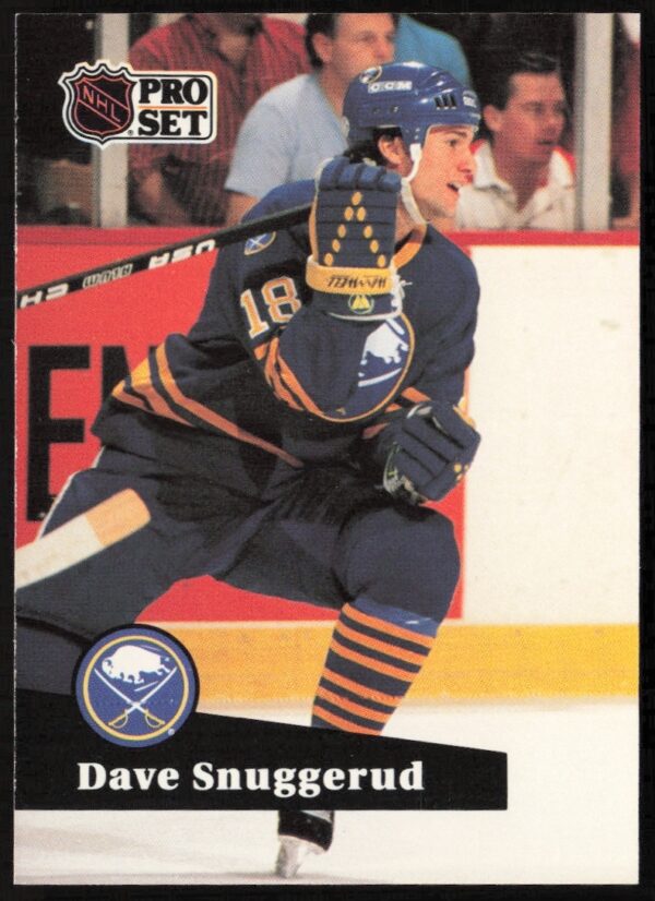 Hockey card front: Dave Snuggerud, Buffalo Sabres, 1991-92 Pro Set, action shot, #18.
