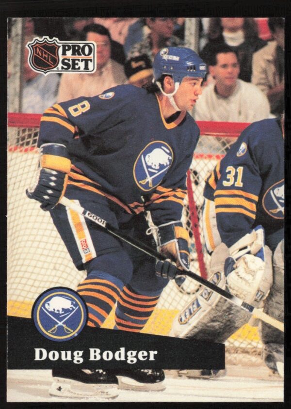 Front of 1991-92 Pro Set NHL Doug Bodger hockey card, jersey number 19.