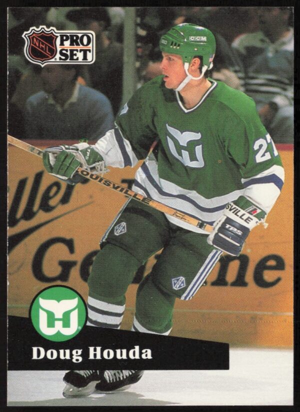 Front of 1991-92 NHL card featuring Doug Houda, number 81, in action.