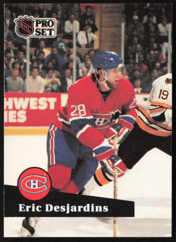 1991-92 Pro Set card showing Eric Desjardins on ice in action, card #118 front.