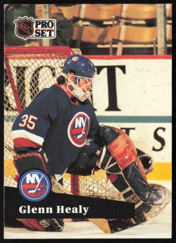 Glenn Healy New York Islanders 1991-92 Pro Set NHL Card #153 goalie action shot.
