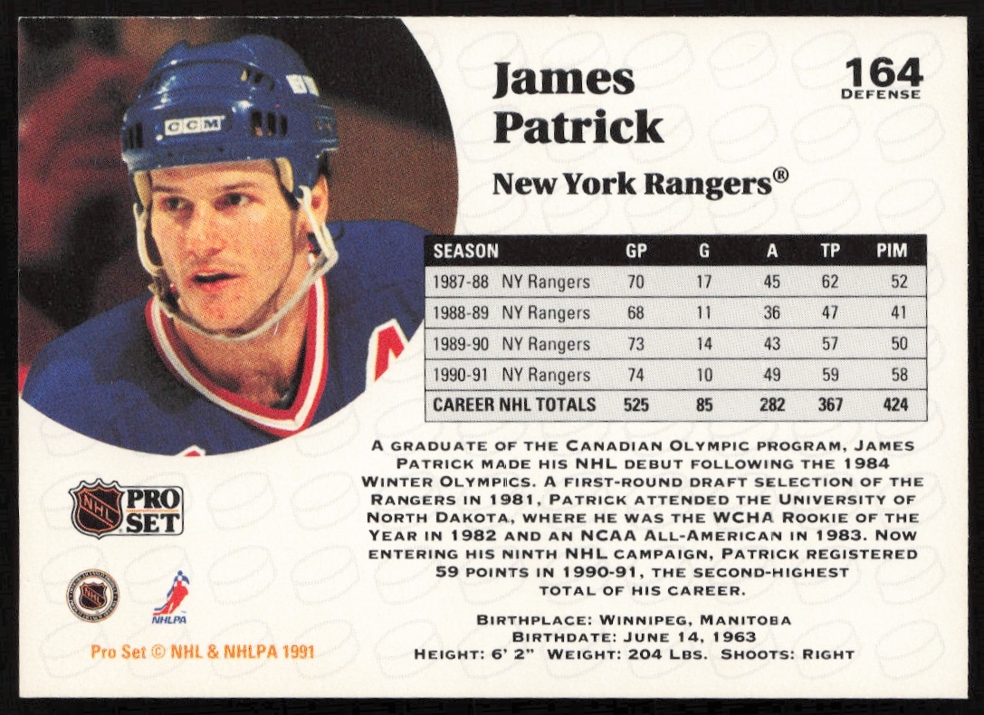James Patrick 1991-92 NHL Pro Set card back with stats and Rangers action shot.