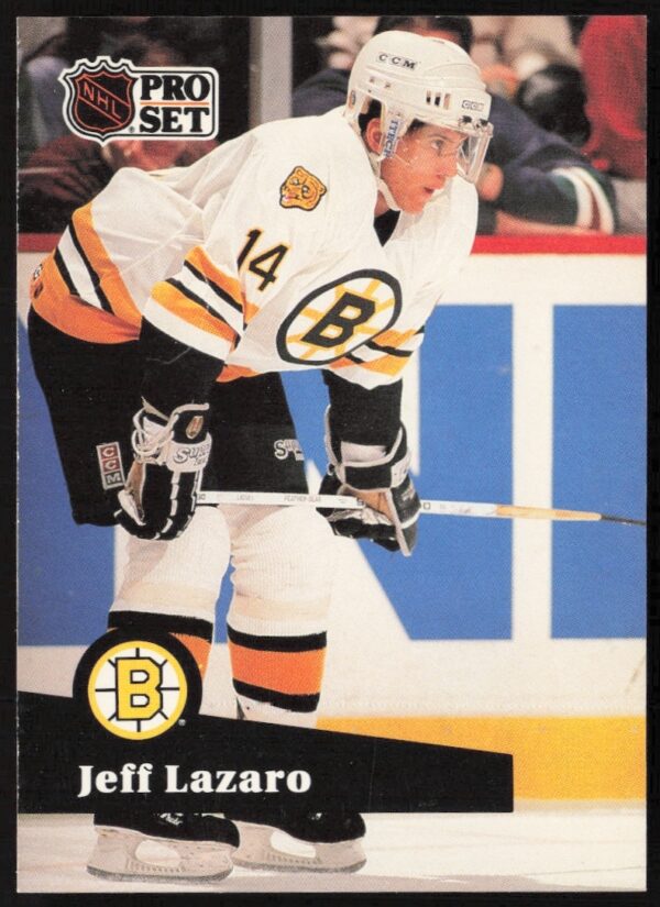 Front of 1991-92 Pro Set NHL card featuring Jeff Lazaro in action on the ice.