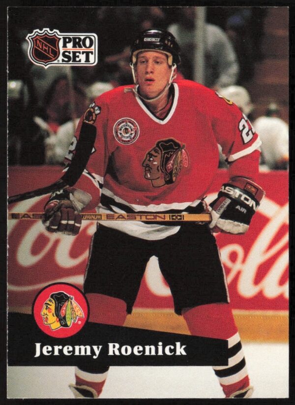 Jeremy Roenick 1991-92 Pro Set hockey card #40, Chicago Blackhawks, mid-action shot.