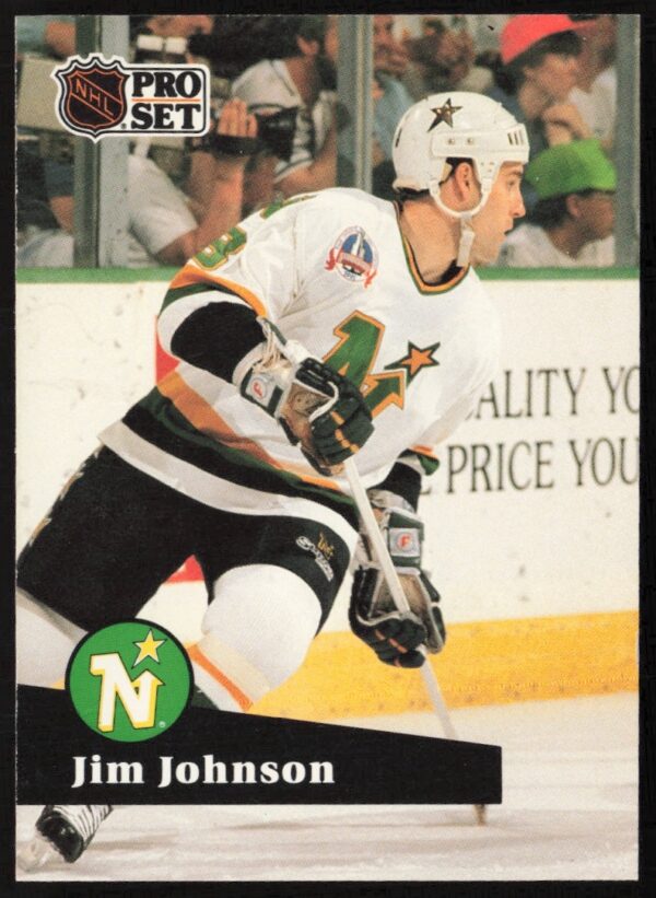 Jim Johnson 1991-92 NHL Pro Set Card #116, front view in action with Minnesota North Stars.