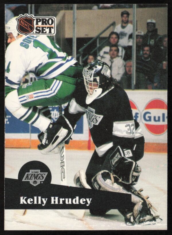 Vintage 1991-92 NHL Kelly Hrudey trading card #102, goaltender, action shot.
