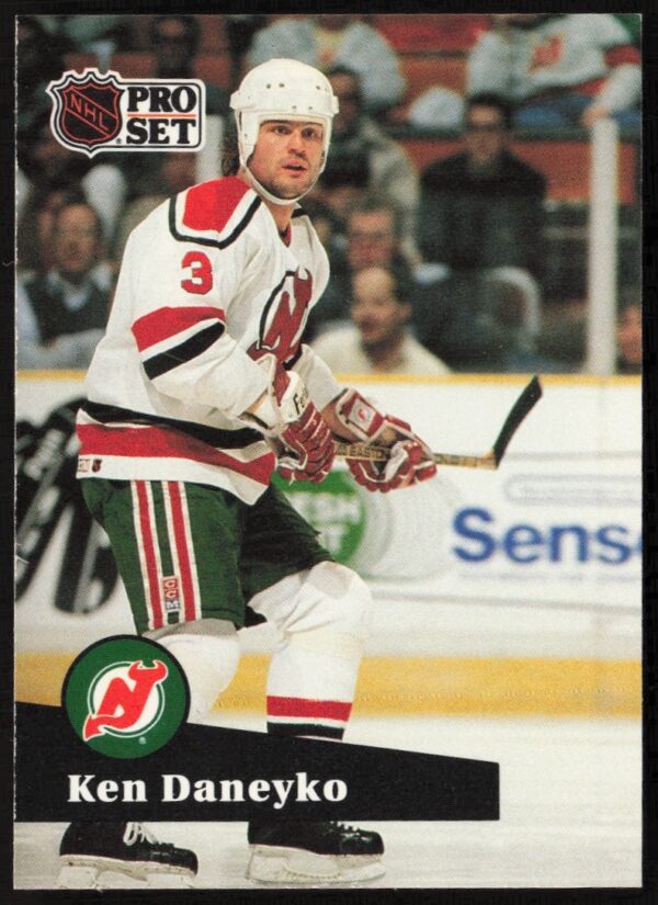 Ken Daneyko 1991-92 NHL Pro Set Card #139, New Jersey Devils defenseman in action.