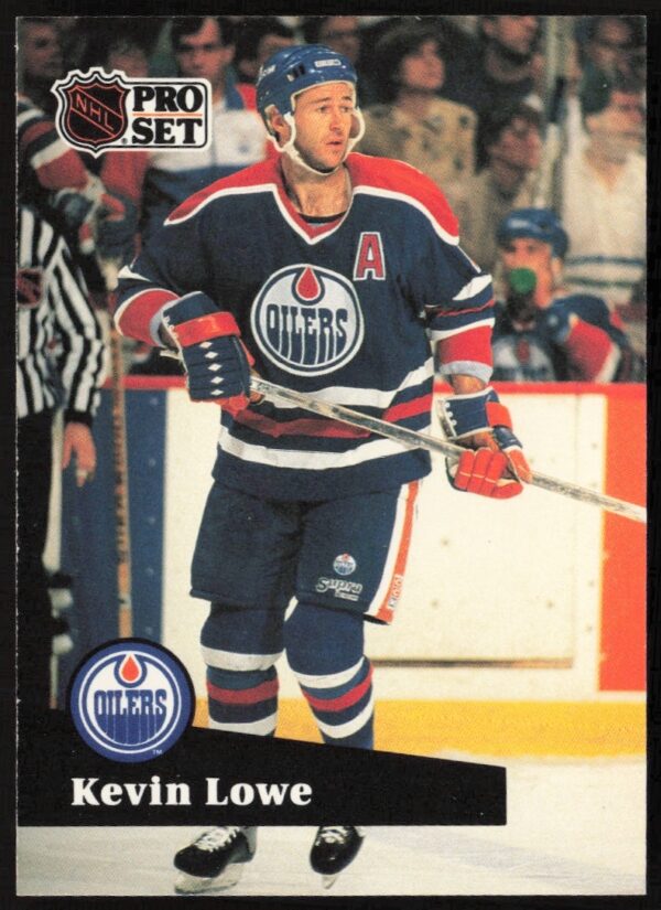 Kevin Lowe 1991-92 Pro Set NHL Card #76, Edmonton Oilers defenseman during gameplay.