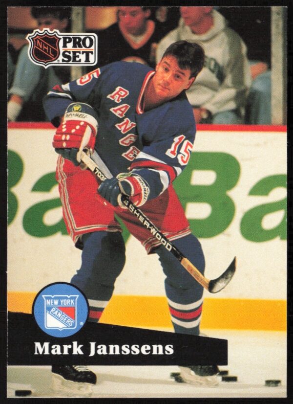 Mark Janssens 1991-92 NHL Pro Set Card #158, featuring action-packed gameplay image.