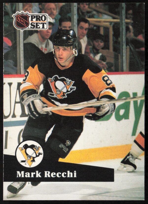 Mark Recchi 1991-92 NHL card #184, Philadelphia Flyers jersey, dynamic play style.