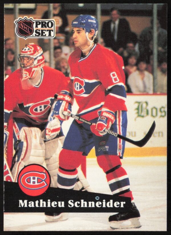 Mathieu Schneider 1991-92 Pro Set NHL trading card #119, Montreal Canadiens jersey.