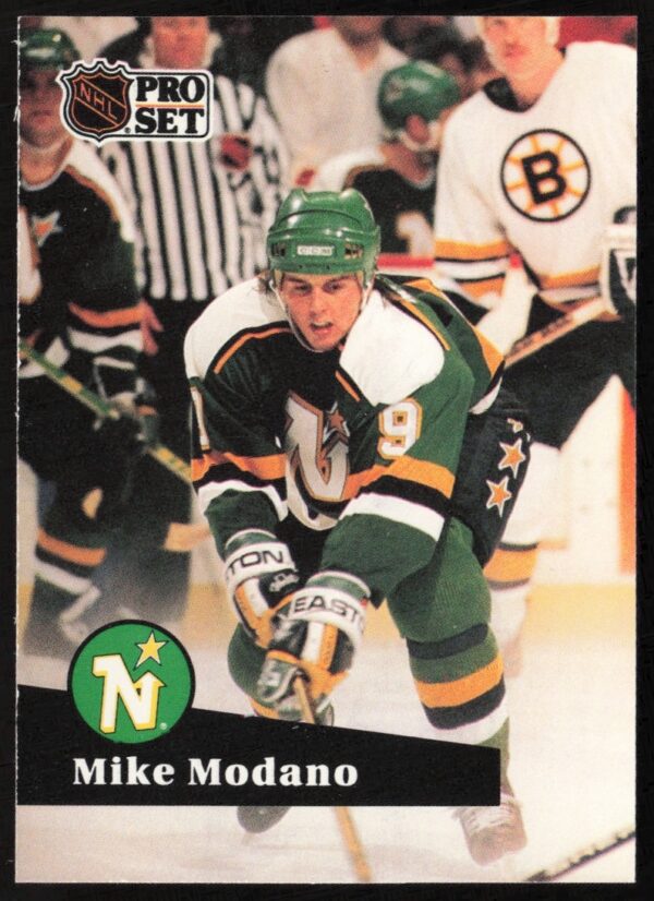 Front of 1991-92 Pro Set NHL card #105 featuring Mike Modano in North Stars jersey.