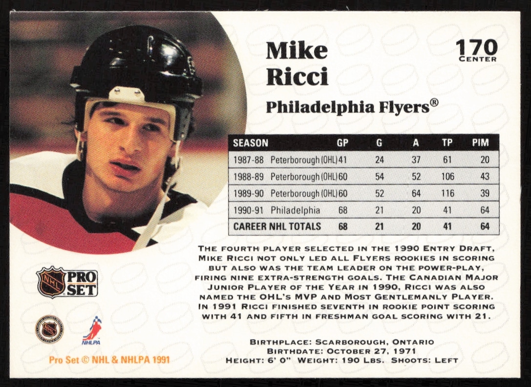 Back view of Mike Riccis 1991-92 Pro Set NHL card featuring stats and bio.