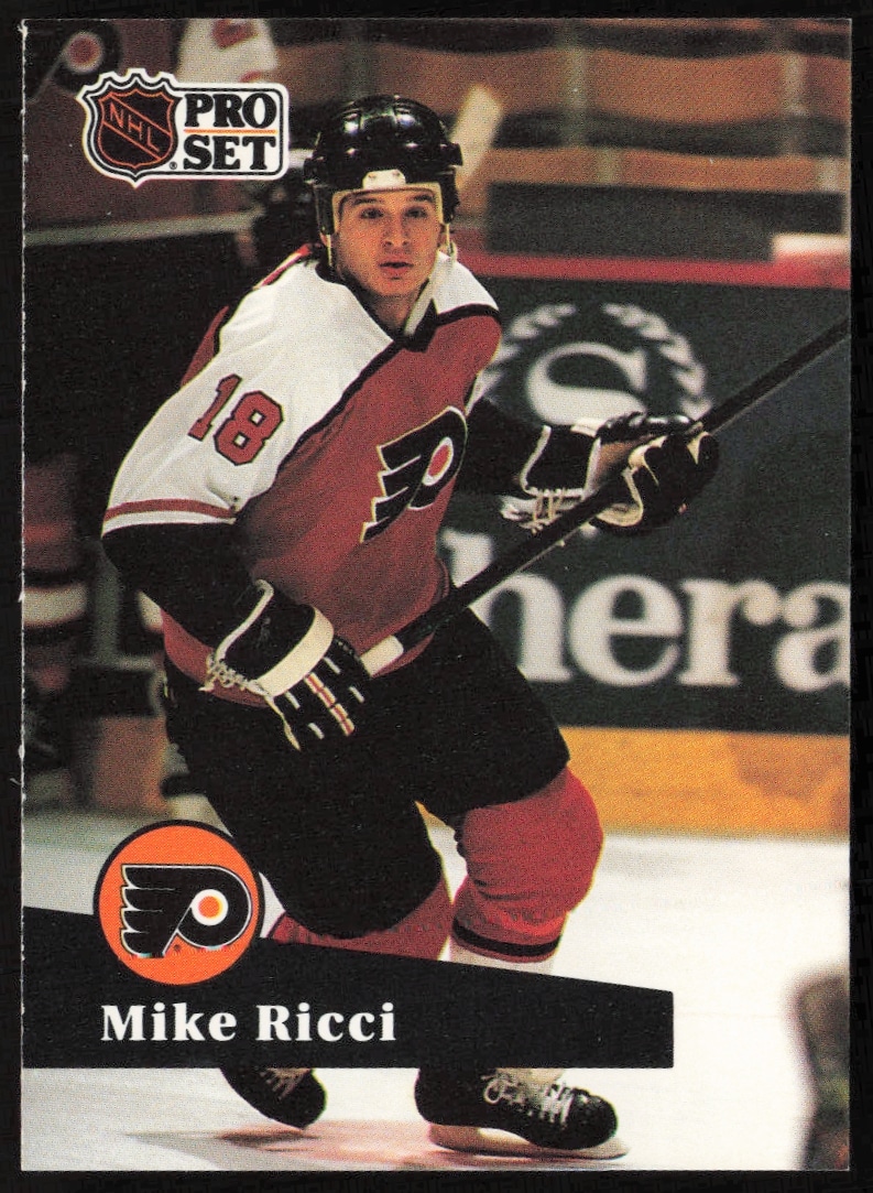 Mike Ricci 1991-92 NHL Pro Set Card #170, in action on ice (Front).