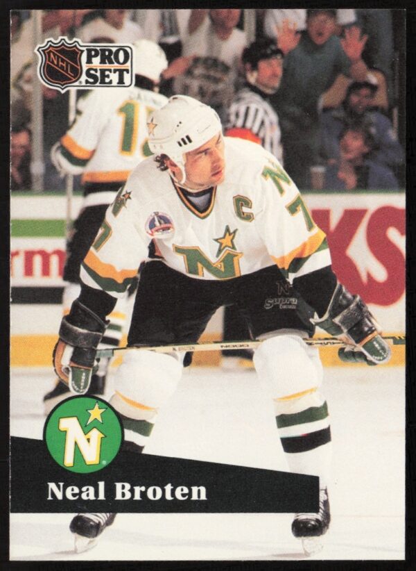 Neal Broten 1991-92 NHL Pro Set Card #112 featuring action pose and team details.