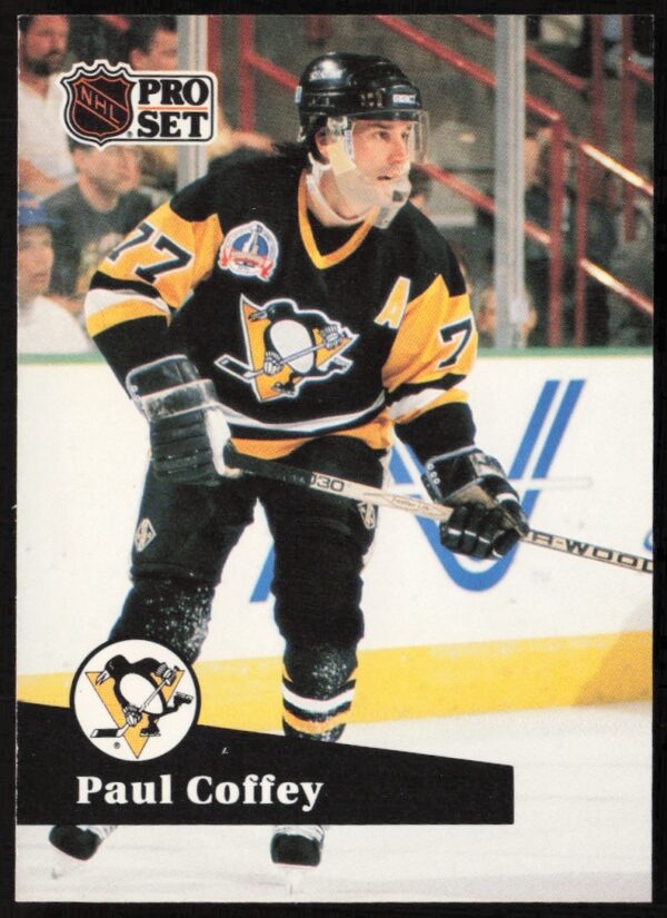Paul Coffey 1991-92 Pro Set trading card #190, Pittsburgh Penguins jersey, in-game action.