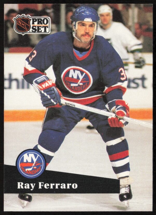 Front view of 1991-92 Pro Set NHL card featuring Ray Ferraro in Islanders uniform.