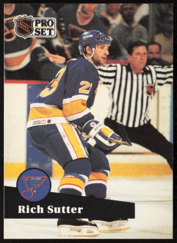 Rich Sutter 1991-92 NHL trading card #217 featuring action shot and player details.