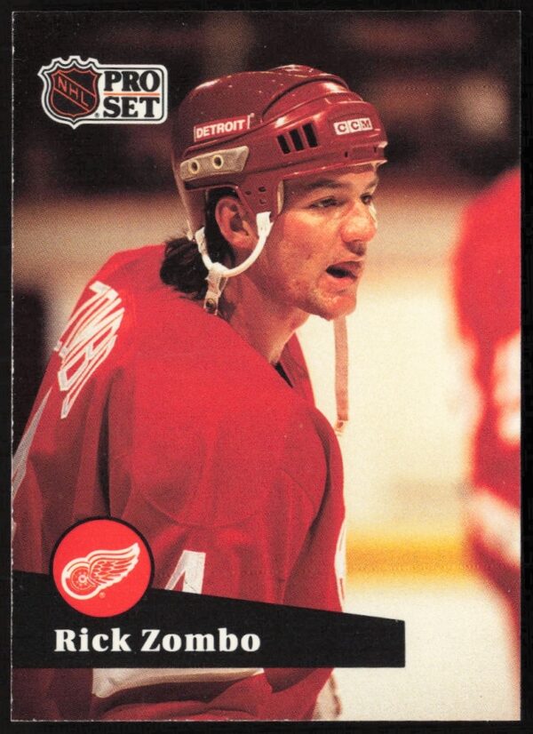 Front of Rick Zombos 1991-92 NHL Pro Set card #64 in action.