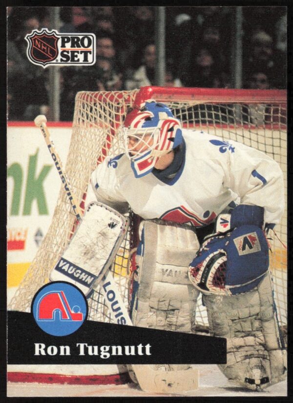 Ron Tugnutt 1991-92 Pro Set NHL hockey card, featuring goaltender in dynamic action.
